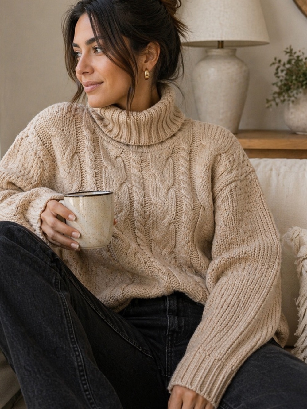 Tan Cable Knit Turtleneck Sweater Cozy Soft Small